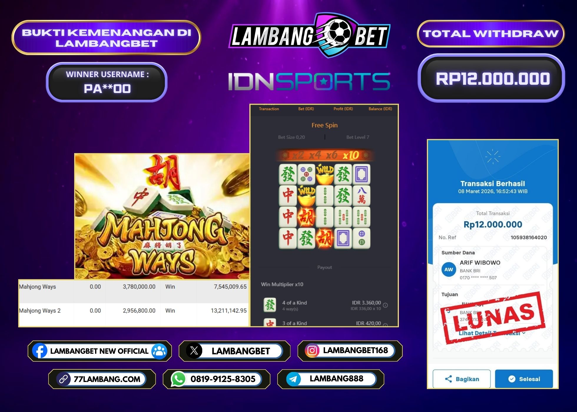 LAMBANGBET [8 MARET 2025] JACKPOT SLOT Mahjong Ways "Rp12.000.000" LUNAS